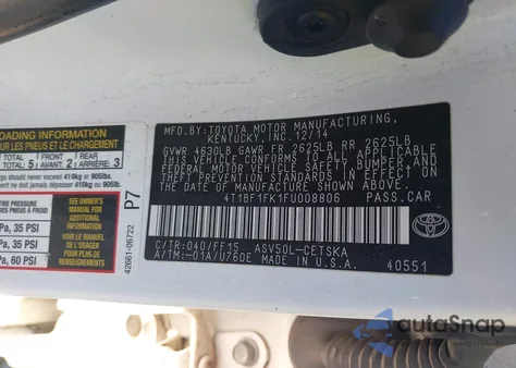 2015 Toyota Camry Se from USA, damaged, VIN 4T1BF1FK1FU008806